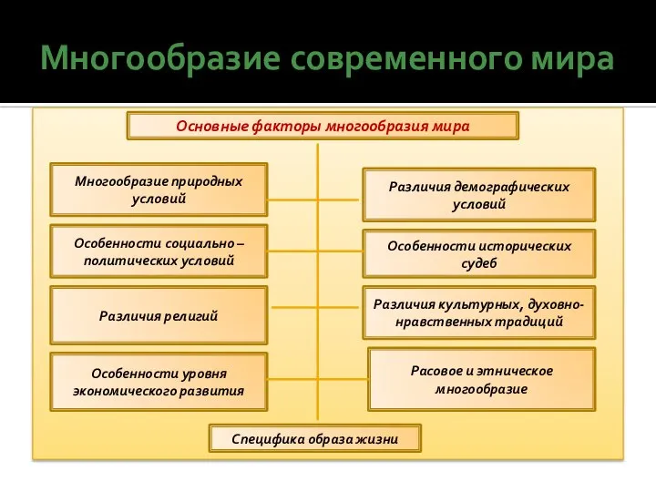 Многообразие современного мира Основные факторы многообразия мира Многообразие природных условий Различия