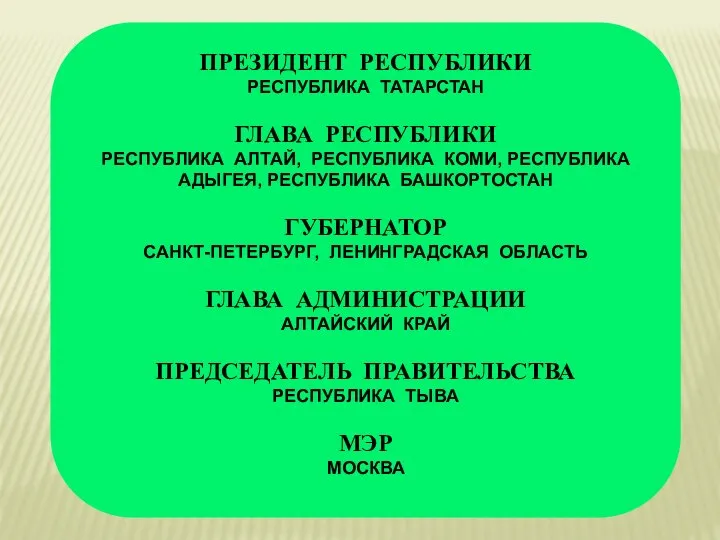 ВЫСШЕЕ ДОЛЖНОСТНОЕ ЛИЦО СУБЪЕКТА РФ НАИМЕНОВАНИЕ ДОЛЖНОСТИ УСТАНАВЛИВАЕТСЯ КОНСТИТУЦИЕЙ (УСТАВОМ) СУБЪЕКТА