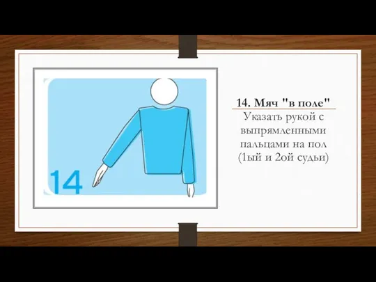 14. Мяч "в поле" Указать рукой с выпрямленными пальцами на пол (1ый и 2ой судьи)