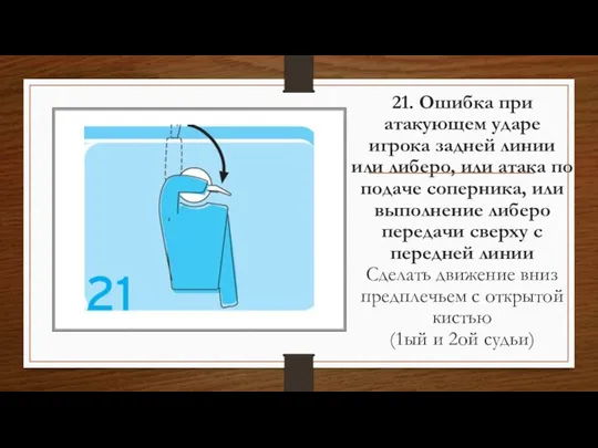 21. Ошибка при атакующем ударе игрока задней линии или либеро, или