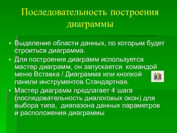 Последовательность построения диаграммы Выделение области данных, по которым будет строиться диаграмма.