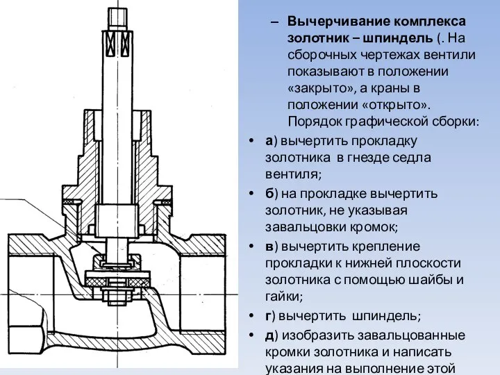 Вычерчивание комплекса золотник – шпиндель (. На сборочных чертежах вентили показывают