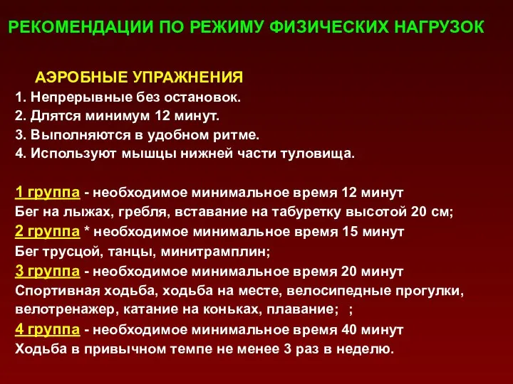 РЕКОМЕНДАЦИИ ПО РЕЖИМУ ФИЗИЧЕСКИХ НАГРУЗОК АЭРОБНЫЕ УПРАЖНЕНИЯ 1. Непрерывные без остановок.