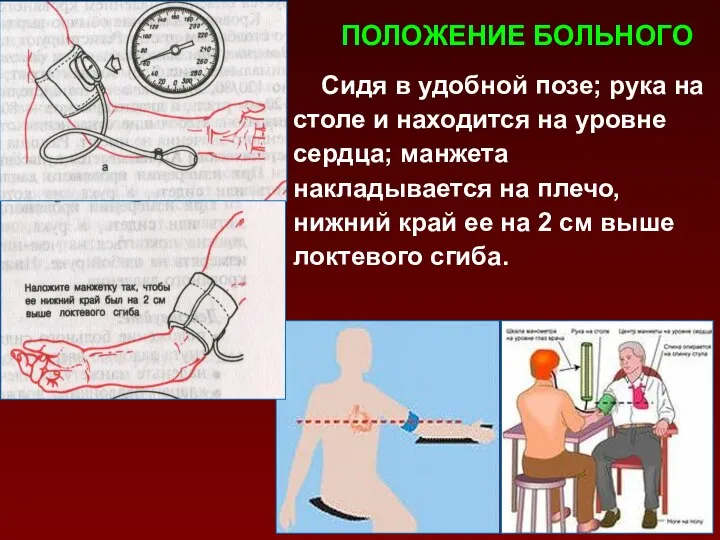 ПОЛОЖЕНИЕ БОЛЬНОГО Сидя в удобной позе; рука на столе и находится