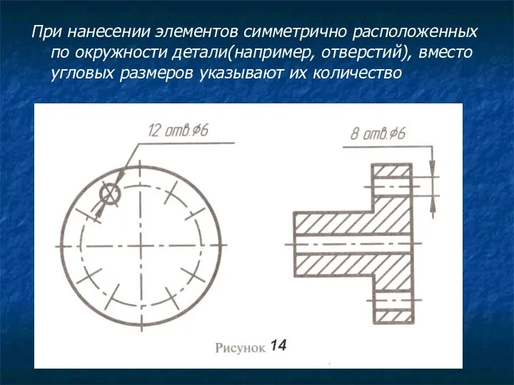 При нанесении элементов симметрично расположенных по окружности детали(например, отверстий), вместо угловых размеров указывают их количество