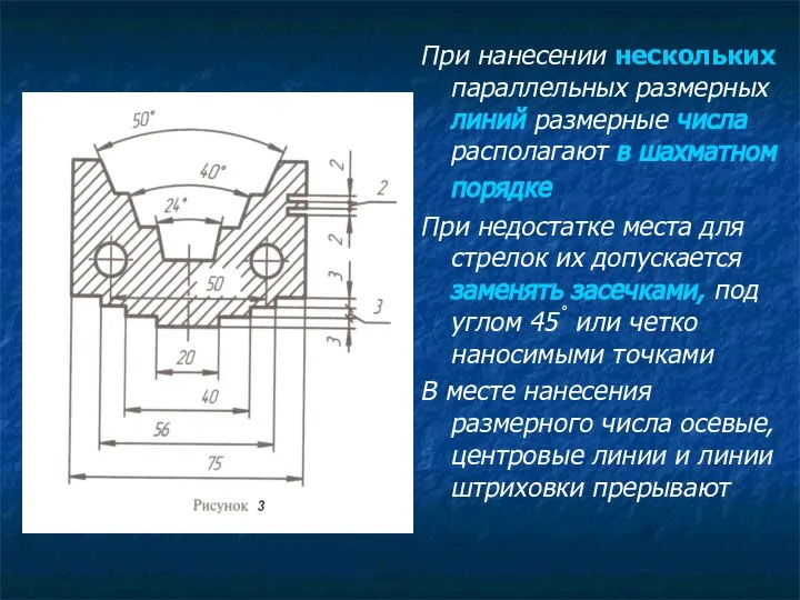 При нанесении нескольких параллельных размерных линий размерные числа располагают в шахматном