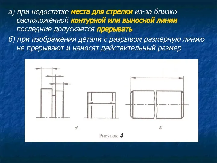 а) при недостатке места для стрелки из-за близко расположенной контурной или