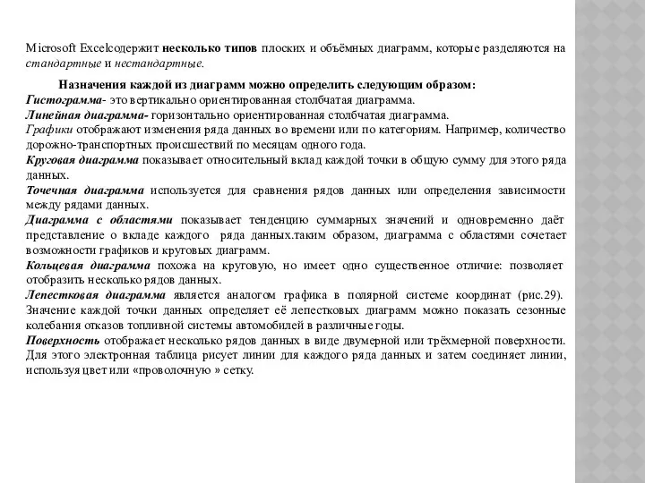 Microsoft Excelсодержит несколько типов плоских и объёмных диаграмм, которые разделяются на