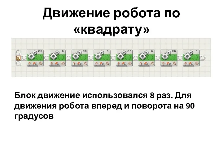 Движение робота по «квадрату» Блок движение использовался 8 раз. Для движения