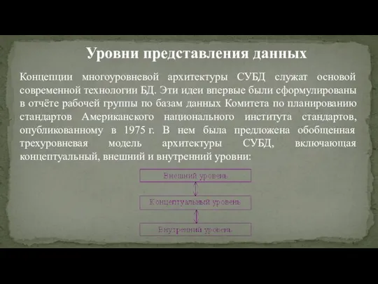 Уровни представления данных Концепции многоуровневой архитектуры СУБД служат основой современной технологии