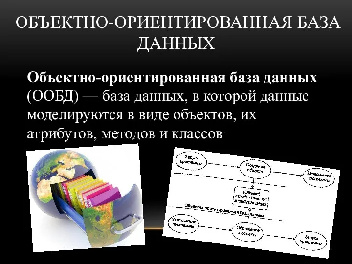 ОБЪЕКТНО-ОРИЕНТИРОВАННАЯ БАЗА ДАННЫХ Объектно-ориентированная база данных (ООБД) — база данных, в