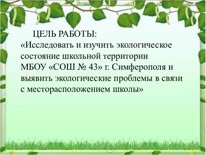 ЦЕЛЬ РАБОТЫ: «Исследовать и изучить экологическое состояние школьной территории МБОУ «СОШ