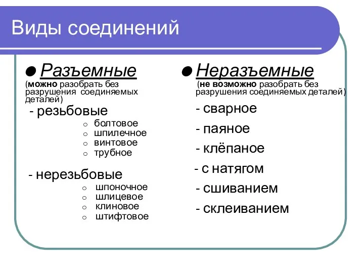 Разъемные (можно разобрать без разрушения соединяемых деталей) Неразъемные (не возможно разобрать