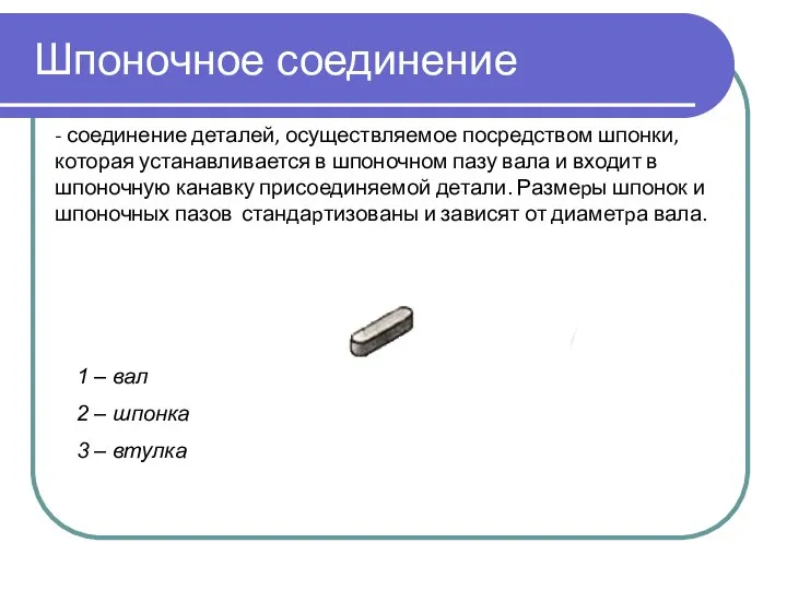 Шпоночное соединение 1 – вал 2 – шпонка 3 – втулка