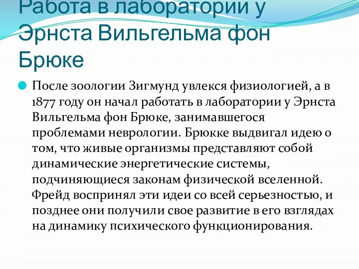 Работа в лаборатории у Эрнста Вильгельма фон Брюке После зоологии Зигмунд