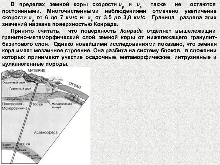 В пределах земной коры скорости υp и υs также не остаются