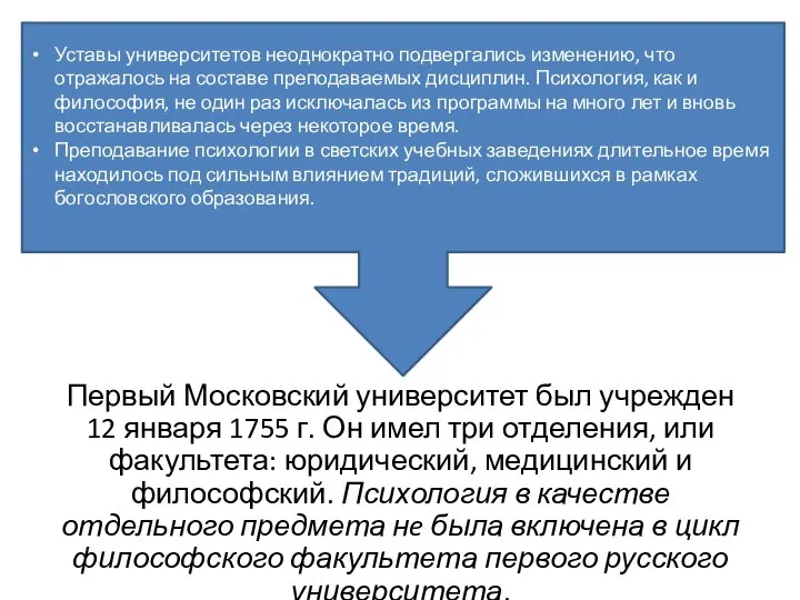 Первый Московский университет был учрежден 12 января 1755 г. Он имел