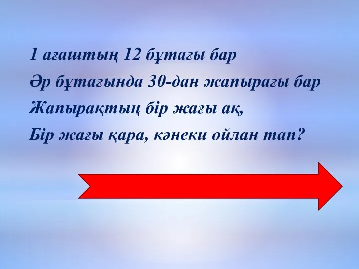 Жыл,ай,тәулік, күн мен түн 1 ағаштың 12 бұтағы бар Әр бұтағында