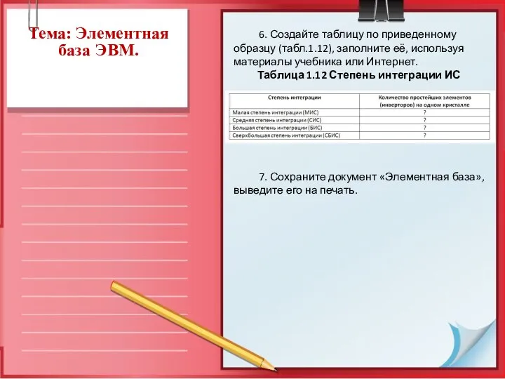 Тема: Элементная база ЭВМ. 6. Создайте таблицу по приведенному образцу (табл.1.12),