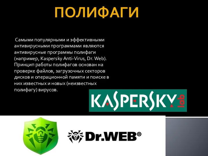 Самыми популярными и эффективными антивирусными программами являются антивирусные программы полифаги (например,