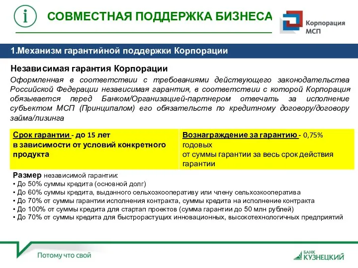 1.Механизм гарантийной поддержки Корпорации Оформленная в соответствии с требованиями действующего законодательства