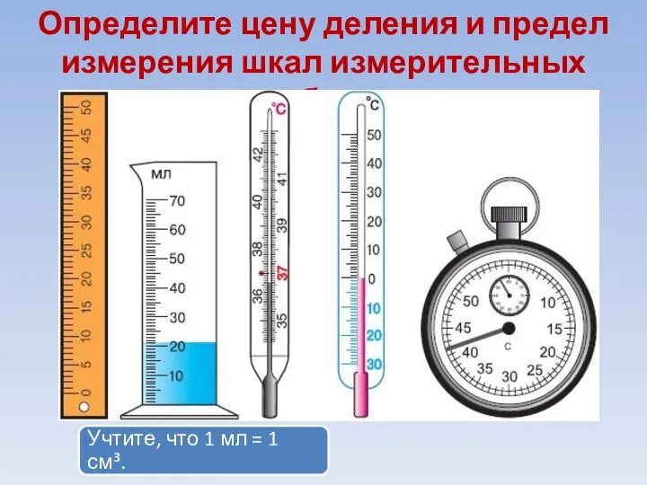 Определите цену деления и предел измерения шкал измерительных приборов.