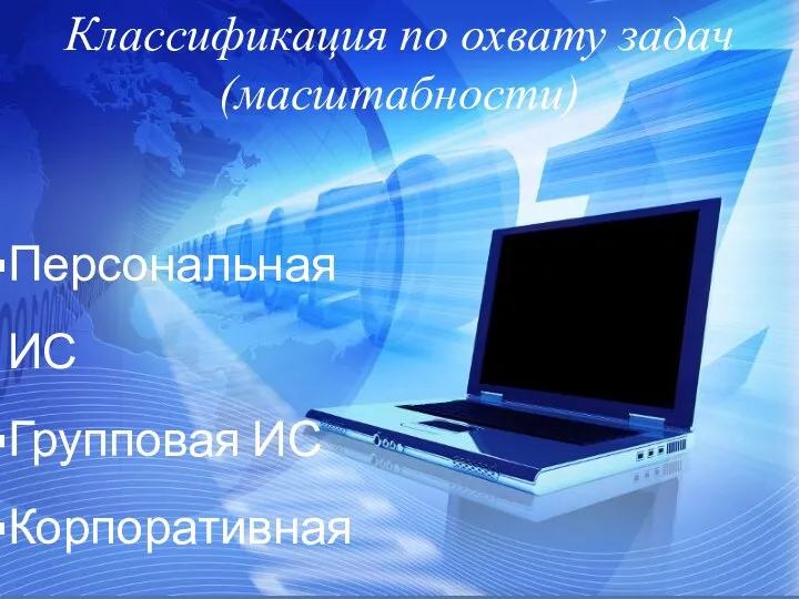 Персональная ИС Групповая ИС Корпоративная Классификация по охвату задач (масштабности)