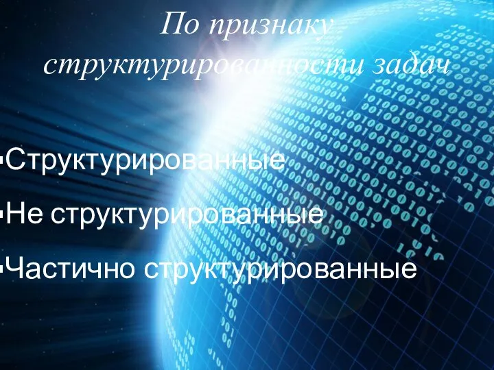 По признаку структурированности задач Структурированные Не структурированные Частично структурированные