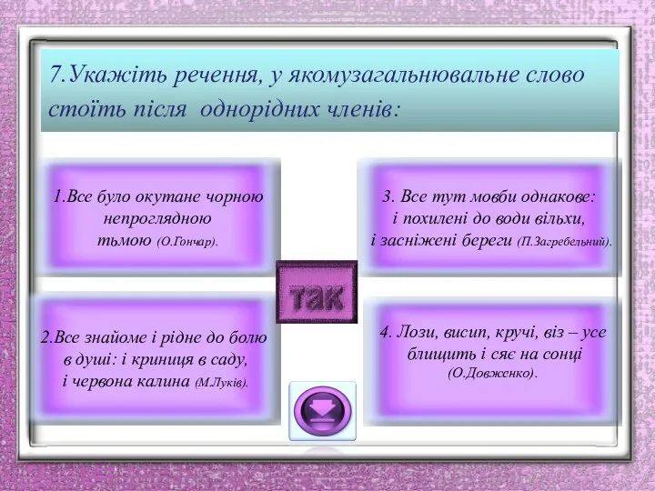 7.Укажіть речення, у якомузагальнювальне слово стоїть після однорідних членів: 4. Лози,