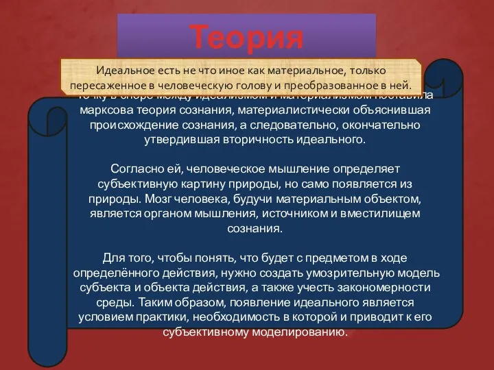 Теория сознания Точку в споре между идеализмом и материализмом поставила марксова