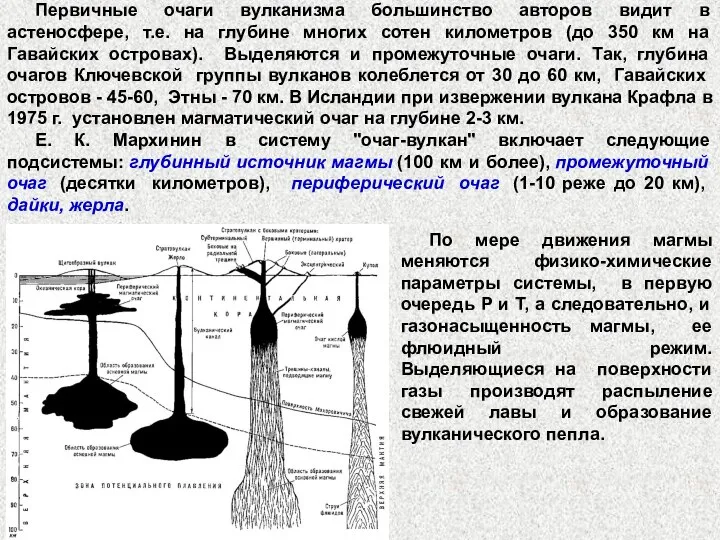 Первичные очаги вулканизма большинство авторов видит в астеносфере, т.е. на глубине