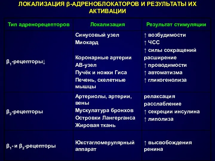 ЛОКАЛИЗАЦИЯ β-АДРЕНОБЛОКАТОРОВ И РЕЗУЛЬТАТЫ ИХ АКТИВАЦИИ