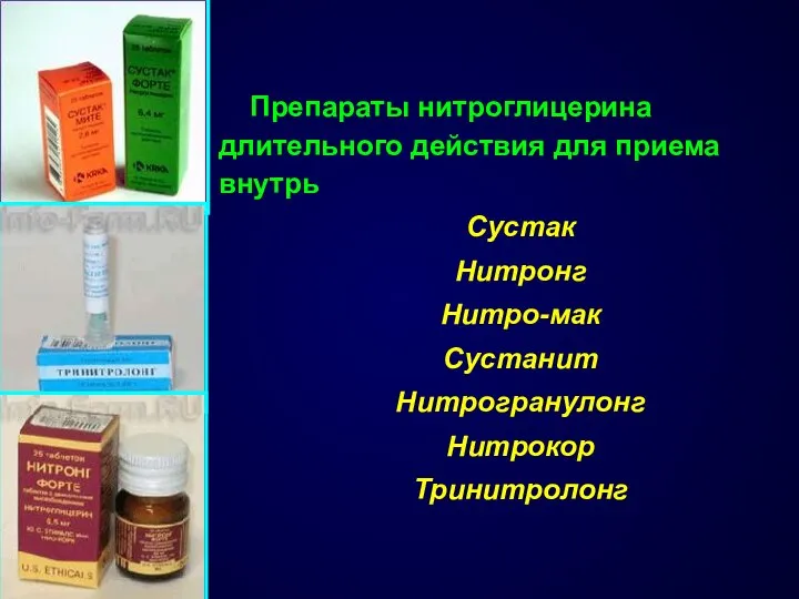 Препараты нитроглицерина длительного действия для приема внутрь Сустак Нитронг Нитро-мак Сустанит Нитрогранулонг Нитрокор Тринитролонг