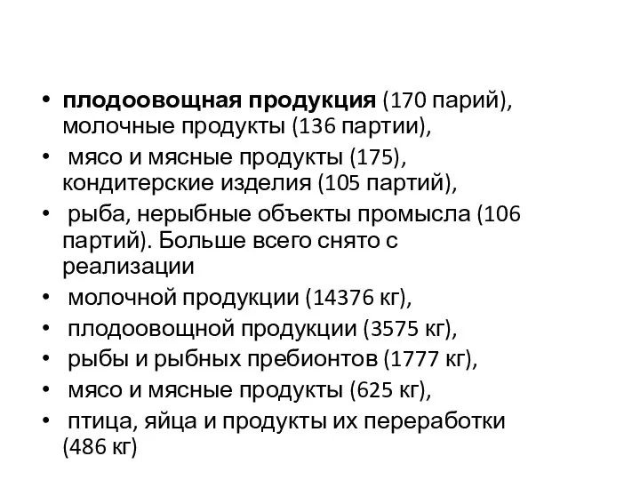 плодоовощная продукция (170 парий), молочные продукты (136 партии), мясо и мясные