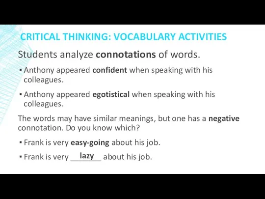 Students analyze connotations of words. Anthony appeared confident when speaking with