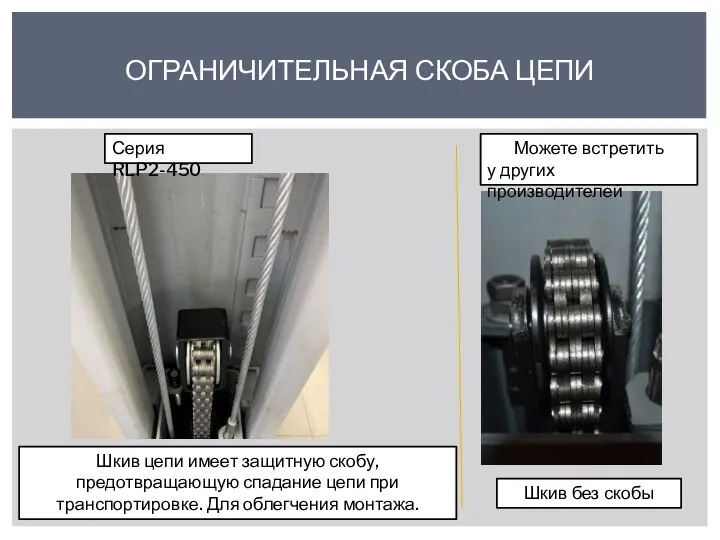 ОГРАНИЧИТЕЛЬНАЯ СКОБА ЦЕПИ Шкив цепи имеет защитную скобу, предотвращающую спадание цепи