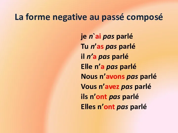 La forme negative au passé composé je n`ai pas parlé Tu