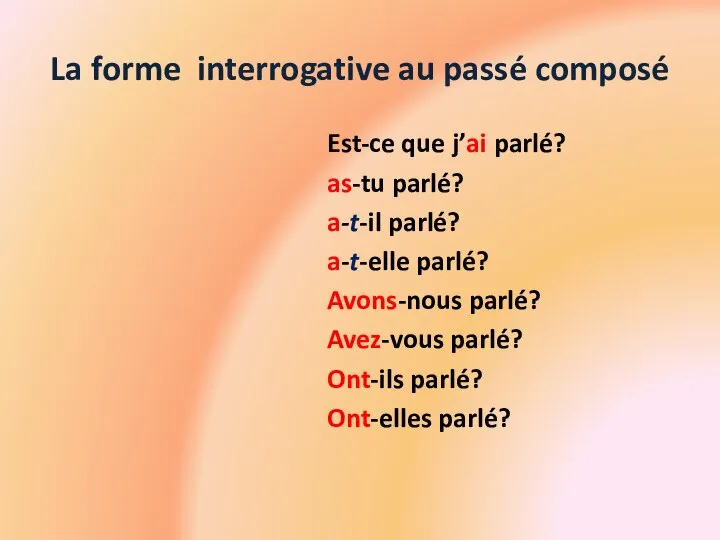 La forme interrogative au passé composé Est-ce que j’ai parlé? as-tu