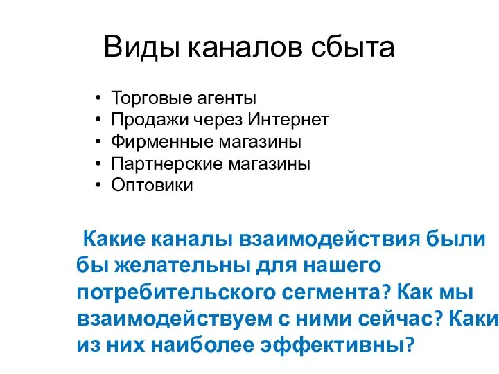 Виды каналов сбыта Торговые агенты Продажи через Интернет Фирменные магазины Партнерские