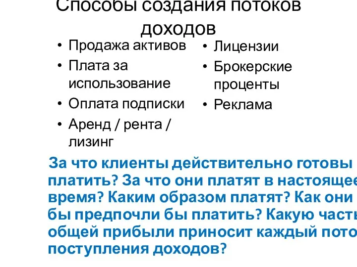 Способы создания потоков доходов Продажа активов Плата за использование Оплата подписки