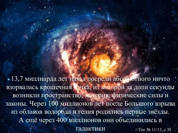 13,7 миллиарда лет назад посреди абсолютного ничто взорвалась крошечная точка, из