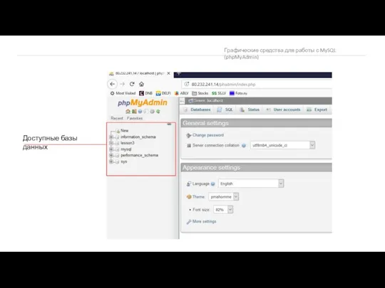 Графические средства для работы с MySQL (phpMyAdmin) Доступные базы данных