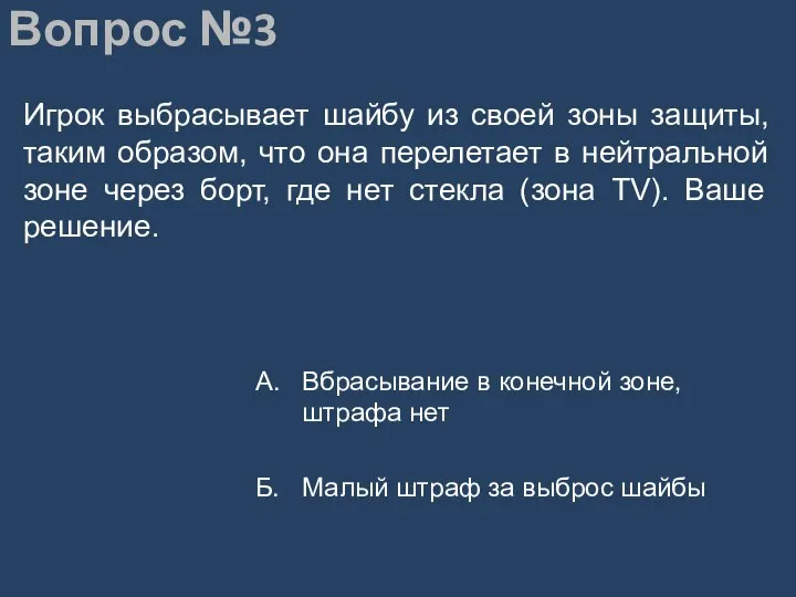 Вопрос №3 Игрок выбрасывает шайбу из своей зоны защиты, таким образом,