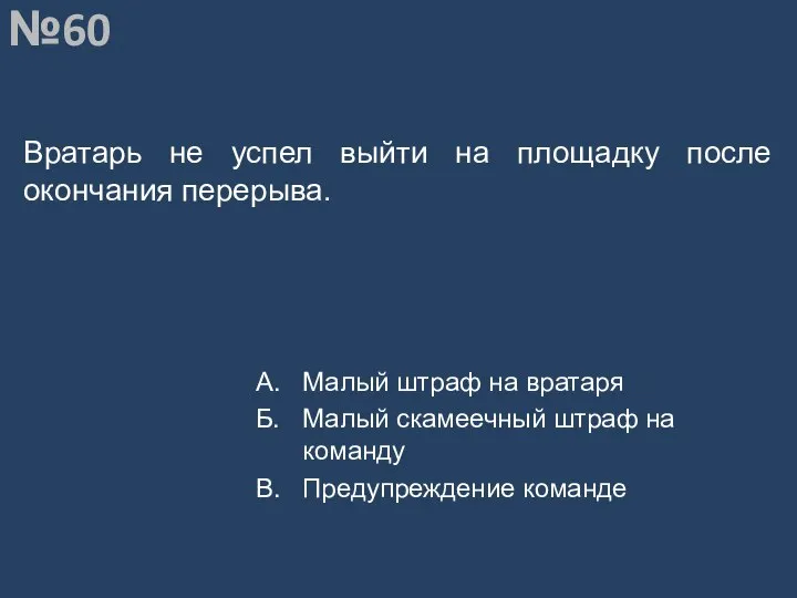 Вопрос №60 Вратарь не успел выйти на площадку после окончания перерыва.