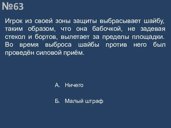 Вопрос №63 Игрок из своей зоны защиты выбрасывает шайбу, таким образом,