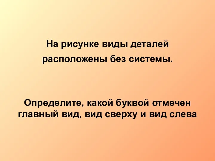 На рисунке виды деталей расположены без системы. Определите, какой буквой отмечен