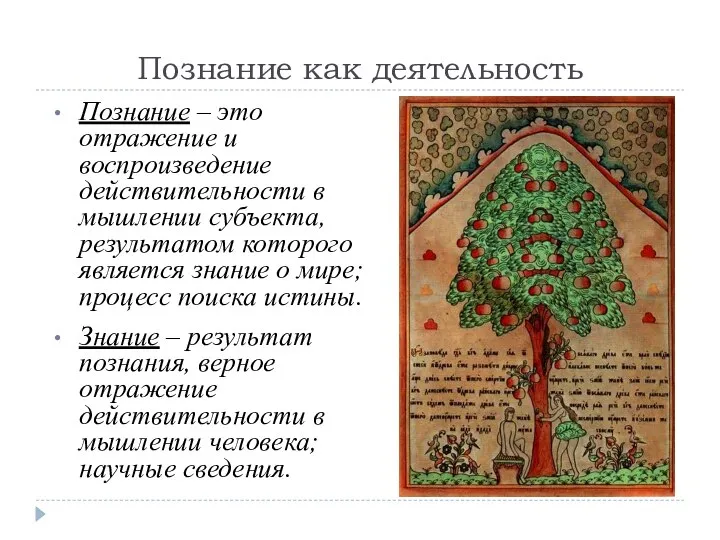 Познание как деятельность Познание – это отражение и воспроизведение действительности в