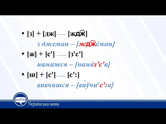 [з] + [дж] [жд͡ж] з джемом – [жд͡жéмом] [ж] + [с']