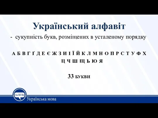 Український алфавіт сукупність букв, розміщених в усталеному порядку а б в
