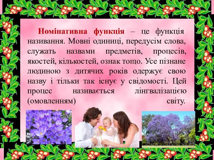 Номінативна функція – це функція називання. Мовні одиниці, передусім слова, служать